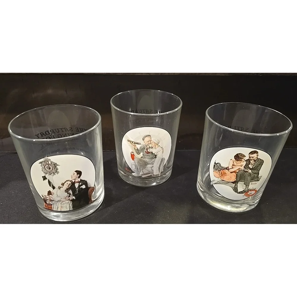 Norman‎ Rockwell Saturday Evening Post Glassware Glasses Set of 3